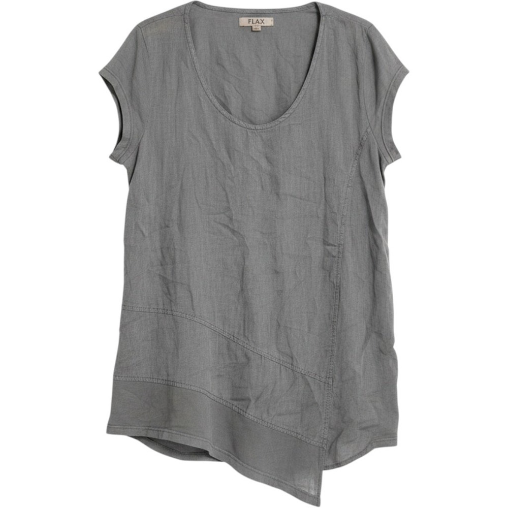 FLAX 100% Linen Tunic Womens Medium Grey Asymmetrical Wrap Short Sleeve Top